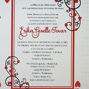May include: A red and black Quincea&ntilde;era invitation with a heart design. The invitation is for Erika Giselle Tovar and includes the date, time, and location of the event. The text reads: "La Reina ha ordenado que las rosas sean pintadas de rojo. Jose Manuel y Anita Tovar tienen el honor de invitar a usted y a su familia a la Quincea&ntilde;era de su hija Erika Giselle Tovar. La Santa Misa en su honor se llevar&aacute; a cabo el s&aacute;bado, seis de julio, dos mil diecinueve a la una de la tarde. Christ the King Catholic Church 1730 N Street Gering, Nebraska. Recepci&oacute;n 4 p.m. - 6:30 p.m. Gering Civic Center 1050 M Street Gering, Nebraska. Vals - 6:30 p.m. Baile despu&eacute;s de vals."