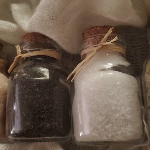 May include: Five small glass jars with cork lids and twine tied around the necks. Each jar contains a different type of salt: white, pink, black, and two different shades of brown.