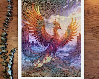 May include: A rectangular art print featuring a vibrant phoenix with outstretched wings in shades of red, orange, and yellow. The mythical bird stands on a rocky cliffside overlooking a misty, mountainous landscape with a textured, swirling sky.