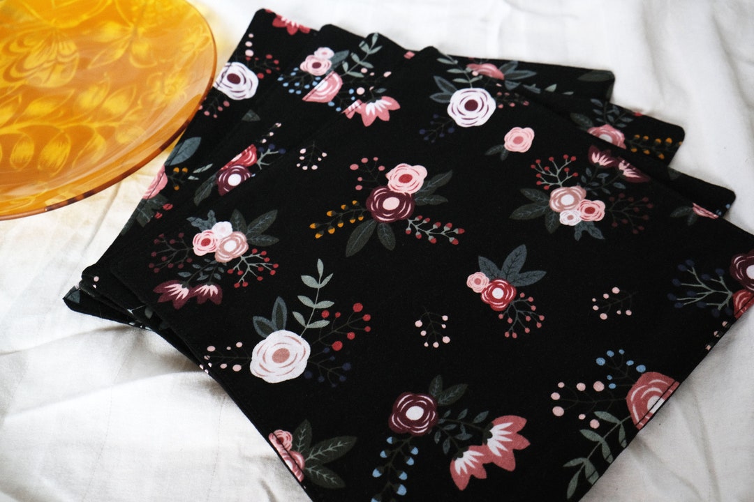 Black Floral Cloth Napkins House Warming Present for Kitchen Etsy