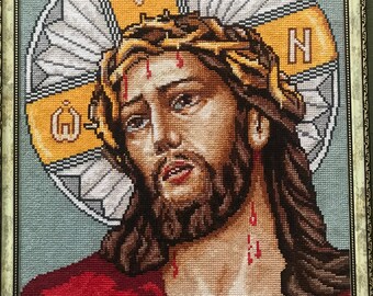 Punto croce finito, completato, dipinto ricamato a mano, ricamo Gesù Cristo nostro Salvatore