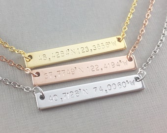 Custom Coordinates Necklace • Latitude Longitude Necklace • Personalized Bar Necklace • Hand Stamped Coordinate Bar • Gift for Her