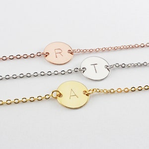 Personalized Initial Disc Bracelet: Gold, Silver, Rose Gold Plated, Hand-stamped Coin Jewelry