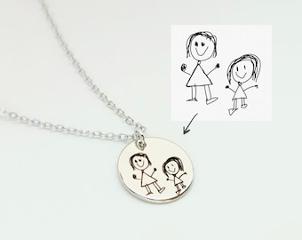 Collier véritable écriture manuscrite • Collier dessiné à la main • Cadeau personnalisé • Dessin d'enfant • Collier pour maman • Collier disque • Bijoux signature