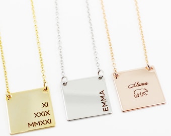 Custom Engraved Square Necklace: Personalized Name Plate, Gift for Mom, Graduation Necklace, Anniversary Present