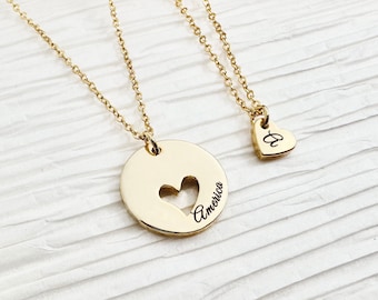 Personalized Mother Daughter Necklace Set: Engraved Heart Jewelry