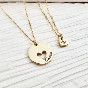 Personalized Mother Daughter Necklace Set: Engraved Heart Jewelry, Name and Initial, Mom Gift