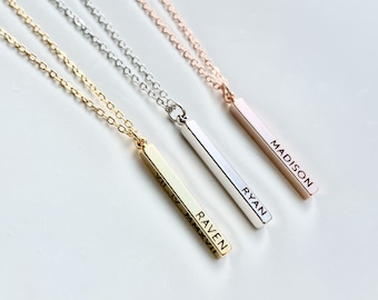 Personalized Vertical Bar Necklace: 3D Pendant Jewelry, Custom Name, Mom Gift