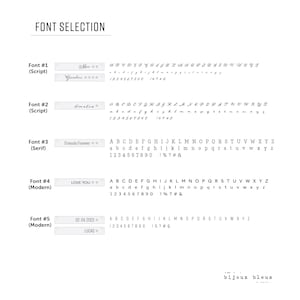 May include: A graphic showing five different font styles for text on jewelry. The fonts are labeled as Script, Serif, and Modern. Each font style includes a sample of the alphabet, numbers, and punctuation marks.