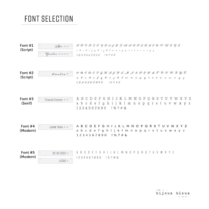 May include: A graphic showing five different font styles for text on jewelry. The fonts are labeled as Script, Serif, and Modern. Each font style includes a sample of the alphabet, numbers, and punctuation marks.