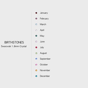 May include: A chart showing the birthstones for each month of the year. The birthstones are represented by small, colorful crystals. The text "BIRTHSTONES" and "Swarovski 1.8mm Crystal" are at the top of the chart.