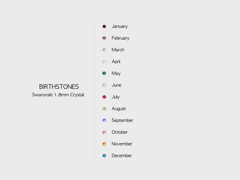 May include: A chart showing the birthstones for each month of the year. The birthstones are represented by small, colorful crystals. The text "BIRTHSTONES" and "Swarovski 1.8mm Crystal" are at the top of the chart.