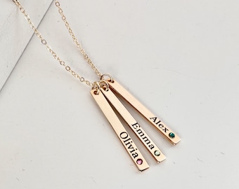 Personalized Vertical Bar Necklace: Swarovski Birthstone, Custom Name Pendant