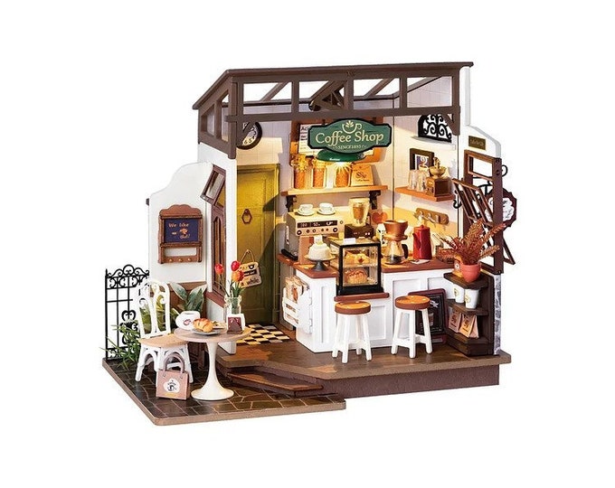 DIY Miniature Dollhouse Kit Coffee Shop With Furniture Accessories LED