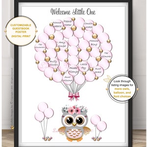 Owl Baby Girl Shower Decor, Guest Book, Pink Balloons, Owl Wall Art Girl Nursery Decor, Custom Digital File Guestbook, Owl Baby Shower