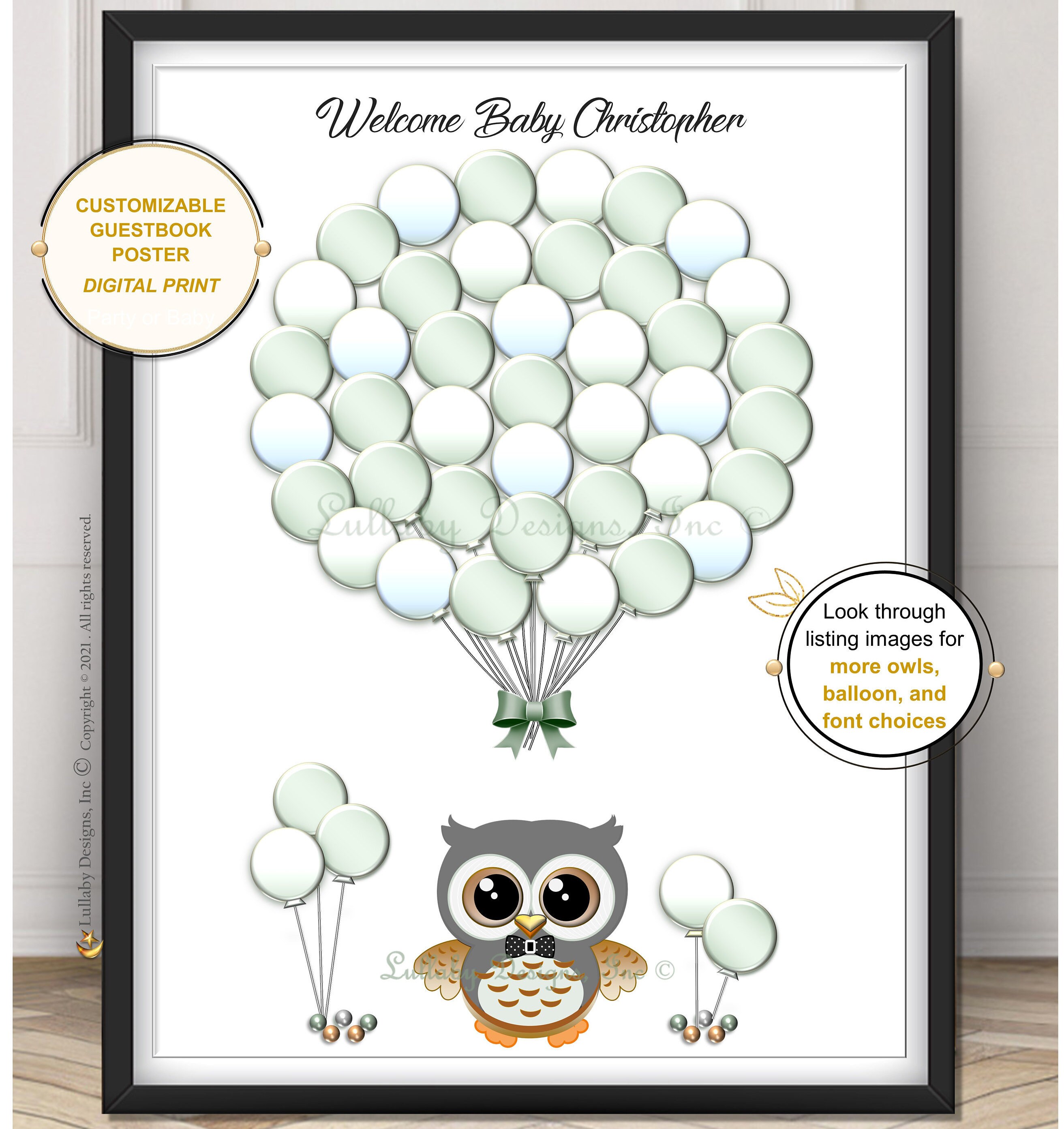 Owl Baby Shower Decor, Guest Book, Green Balloons, Owl Theme Boy Nursery,  Printable Digital File Guestbook - Etsy, image size:2625x2785