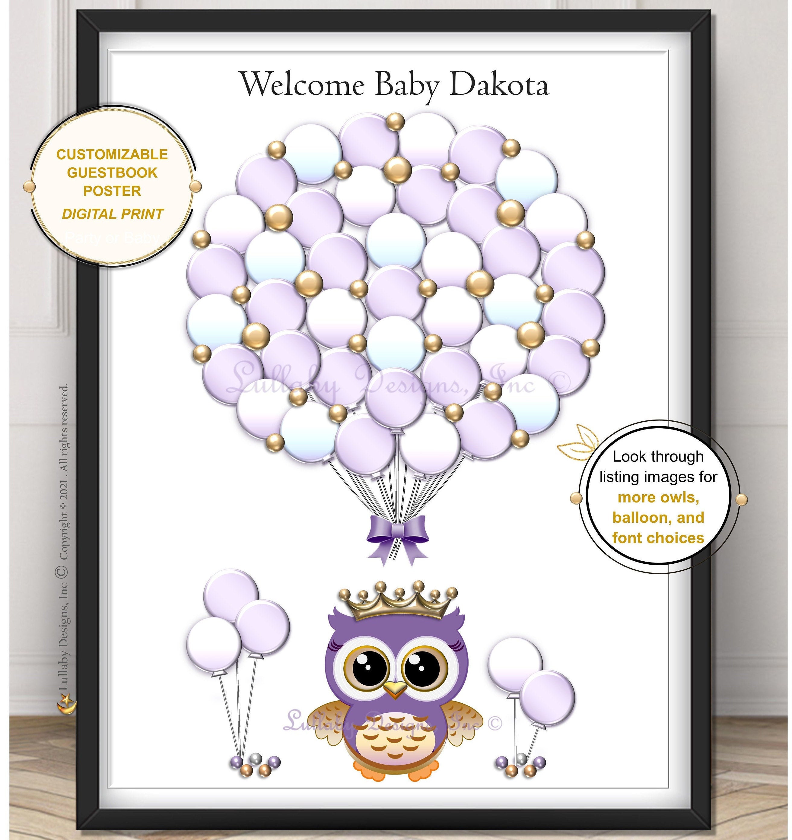 Owl Baby Shower, Purple Lilac Owl Baby Shower, Lilac Balloons, Owl Theme Wall Art Girl Nursery, Cust