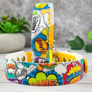 Comic Superhero Dog Collar – Waterproof Biothane, Colorful Cartoon Style with Brass or Steel – Fun Gift for Geeks and Dog Lovers