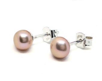Pink pearl earrings 6mm sterling silver stud bridesmaid, Rose freshwater pearl jewelry, Girlfriend anniversary gift, First earrings for girl