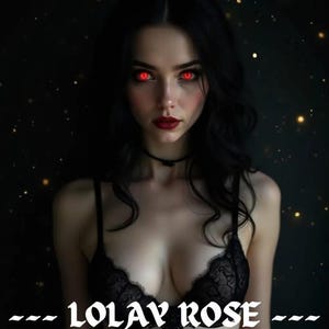 Op de afbeelding: Een vrouw met lang zwart haar en rode ogen, gekleed in een zwarte kanten bh en choker. De afbeelding heeft een donkere achtergrond met fonkelende lichtjes en de tekst "-- LOLAY ROSE --" onderaan.