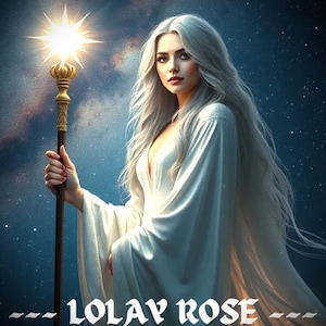 May include: A woman with long white hair holds a golden staff with a star on top. She is wearing a white gown and the background is a dark blue sky with stars. The text "-- LOLAY ROSE --" is at the bottom of the image.