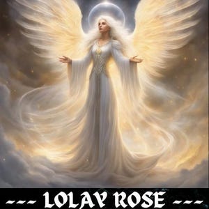 Puede incluir: Una figura angelical con cabello blanco suelto y un largo vestido blanco, adornado con detalles dorados, está de pie con los brazos extendidos. Grandes alas luminosas de oro y blanco emanan de la figura, sobre un fondo de nubes etéreas y un brillo celestial. El texto "-- LOLAY ROSE --" está en la parte inferior.