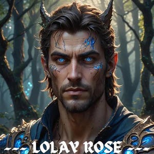 Peut inclure: Un homme aux cheveux noirs et aux cornes, portant un costume bleu et or, avec des marques bleues sur le visage. Le texte "LOLAY ROSE" est en bas de l'image.