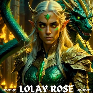 Puede incluir: Imagen de arte digital de un personaje de fantasía con pelo largo rubio, orejas puntiagudas y ojos verdes. El personaje lleva una armadura dorada y una coraza verde enjoyada. Un dragón verde está en el fondo. El texto "LOLAY ROSE" está en la parte inferior.