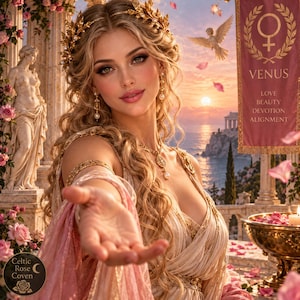 Könnte beinhalten: Eine digitale Illustration einer Figur mit langem blondem Haar, die einen goldenen Lorbeerkranz, goldene Ohrhänger und eine Goldkette trägt. Die Figur trägt ein drapiertes cremefarbenes und rosafarbenes Gewand. Ein Banner zeigt VENUS LOVE BEAUTY DEVOTION ALIGNMENT.