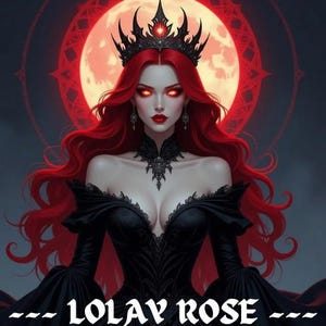 Puede incluir: Ilustración digital de una mujer con largo cabello rojo, corona y vestido negro. El fondo muestra una luna roja. El texto "-- LOLAY ROSE --" está en la parte inferior de la imagen.