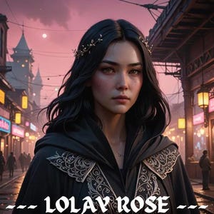 May include: A woman with long black hair wearing a black cloak with gold embroidery. She is wearing a gold crown with small white flowers. The background is a city street at night with lanterns.