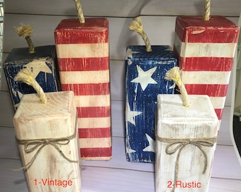 Wooden rustic 4th of July firecrackers, american flag, patriotic wood blocks Decor display americana