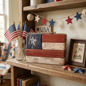 Rustic Wooden American Flag Block, Farmhouse Patriotic Shelf Decor, Veteran Gift