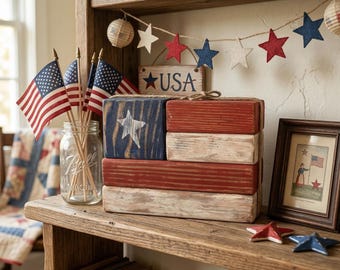 Rustic Wooden American Flag Block, Farmhouse Patriotic Shelf Decor, Veteran Gift