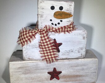 Rustic Wooden Block Snowman: Primitive Christmas Decor