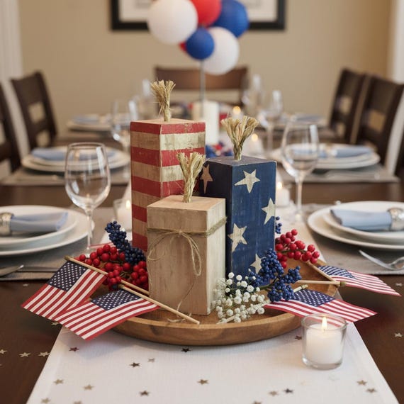Handcrafted Wooden Firecracker Blocks, Rustic Patriotic Americana Decor