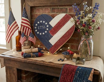 Wooden American Flag Heart, 4th of July Wall or Shelf Decoration