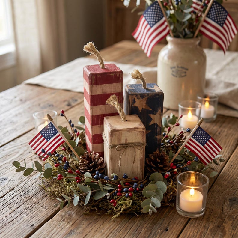 May include: A patriotic centerpiece featuring wooden block decorations painted in red, white, and blue, resembling fireworks. The arrangement includes small American flags, candles, and a wreath of greenery and berries, all set on a rustic wooden table.