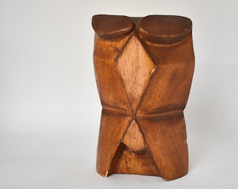 Tiki Wood Totem Statue | Carved Wood Face | Boho Eclectic | Shelf Decor | 60s 70s Porch Decor | Office Decor | Ethnic Art | Vintage Tiki