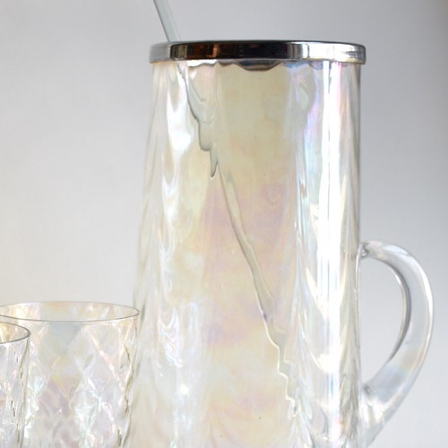 Vintage Iridescent Optic Glass Pitcher & Tumblers | Rainbow Glass Fostoria Style Federal shops Glass Style | Old School Swanky Glass Barware Gift