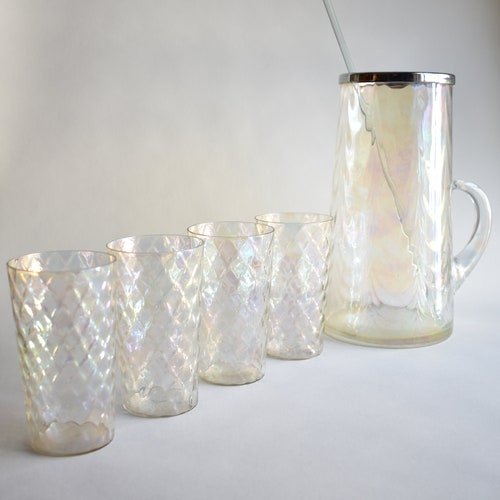 Vintage Iridescent Optic Glass Pitcher & Tumblers | Rainbow Glass Fostoria Style Federal shops Glass Style | Old School Swanky Glass Barware Gift