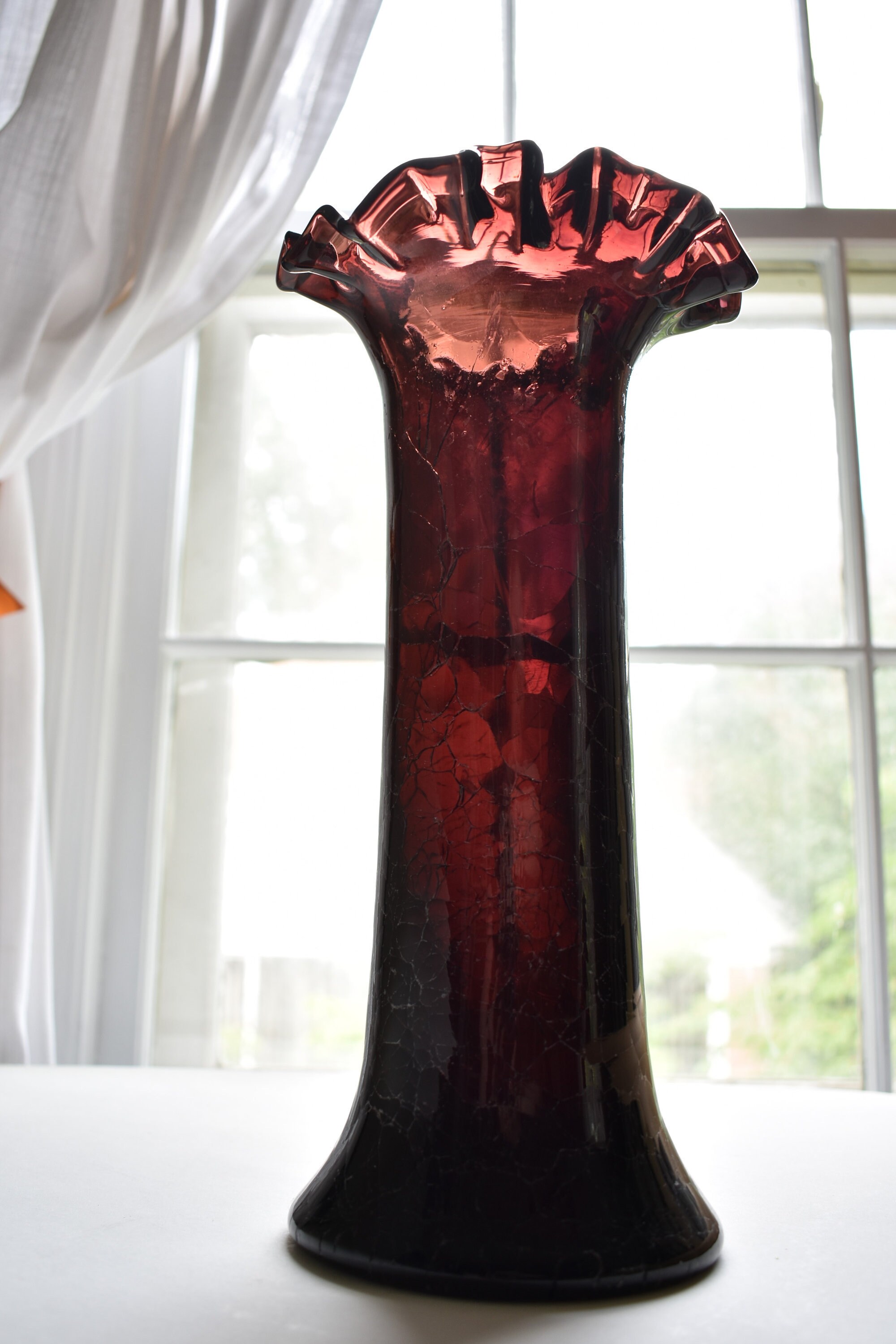 Vintage 12 Purple Crackle Glass Vase W/ Crimped Edging Etsy