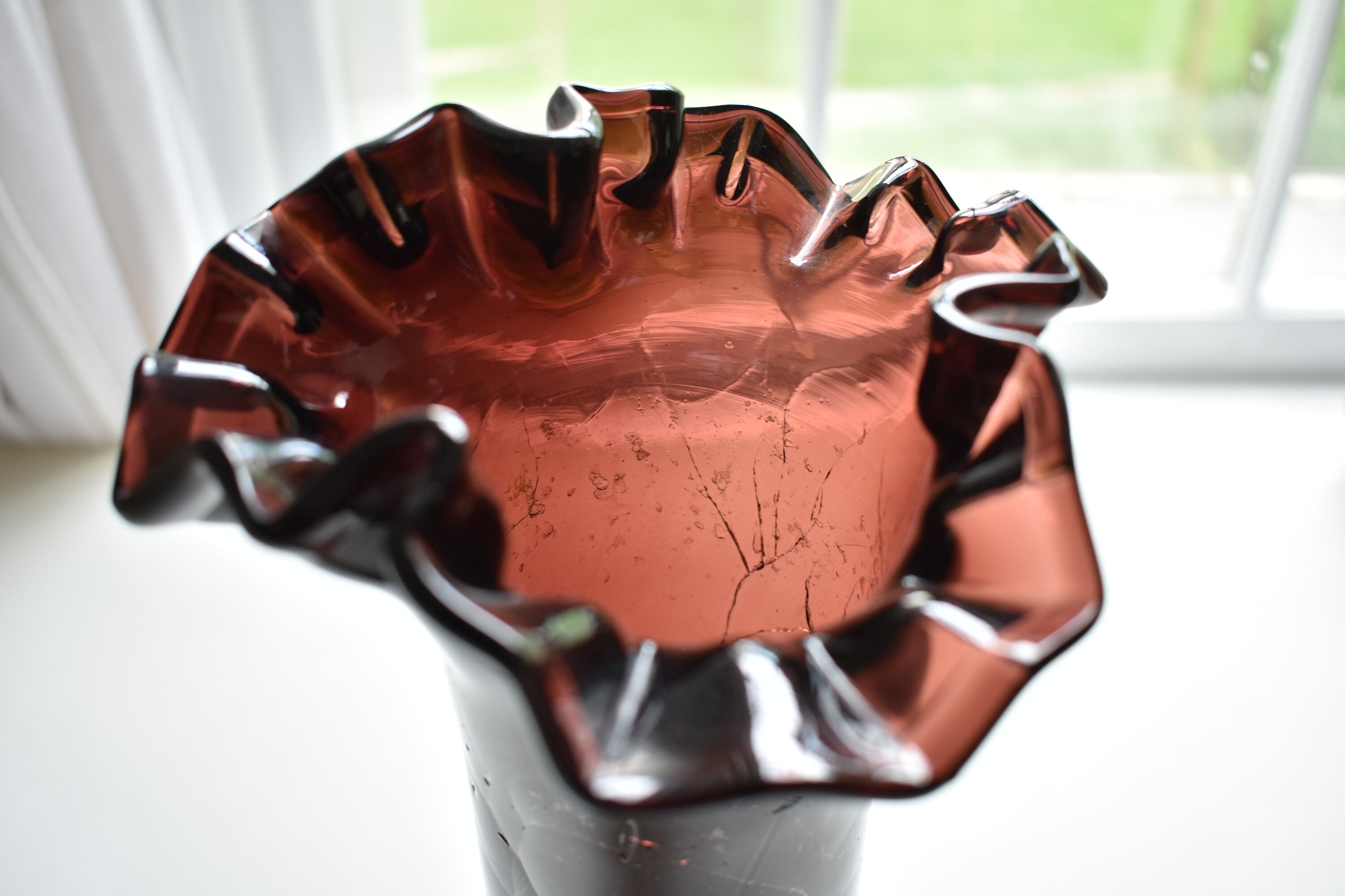 Vintage 12 Purple Crackle Glass Vase W/ Crimped Edging Etsy