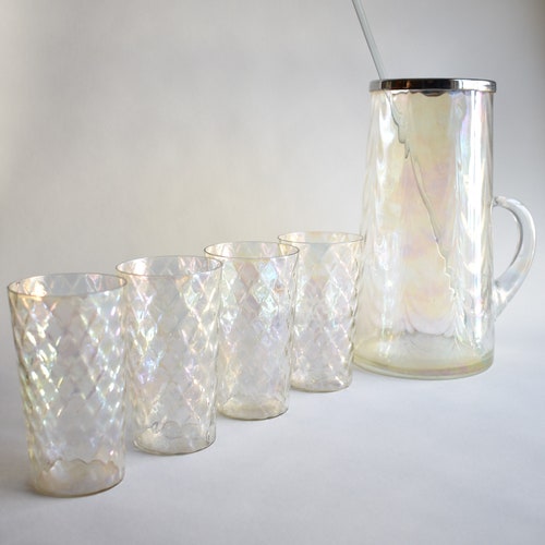Vintage Iridescent Optic Glass Pitcher & Tumblers | Rainbow Glass Fostoria Style Federal shops Glass Style | Old School Swanky Glass Barware Gift
