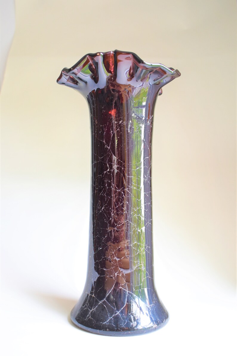 Vintage 12 Purple Crackle Glass Vase W/ Crimped Edging Etsy