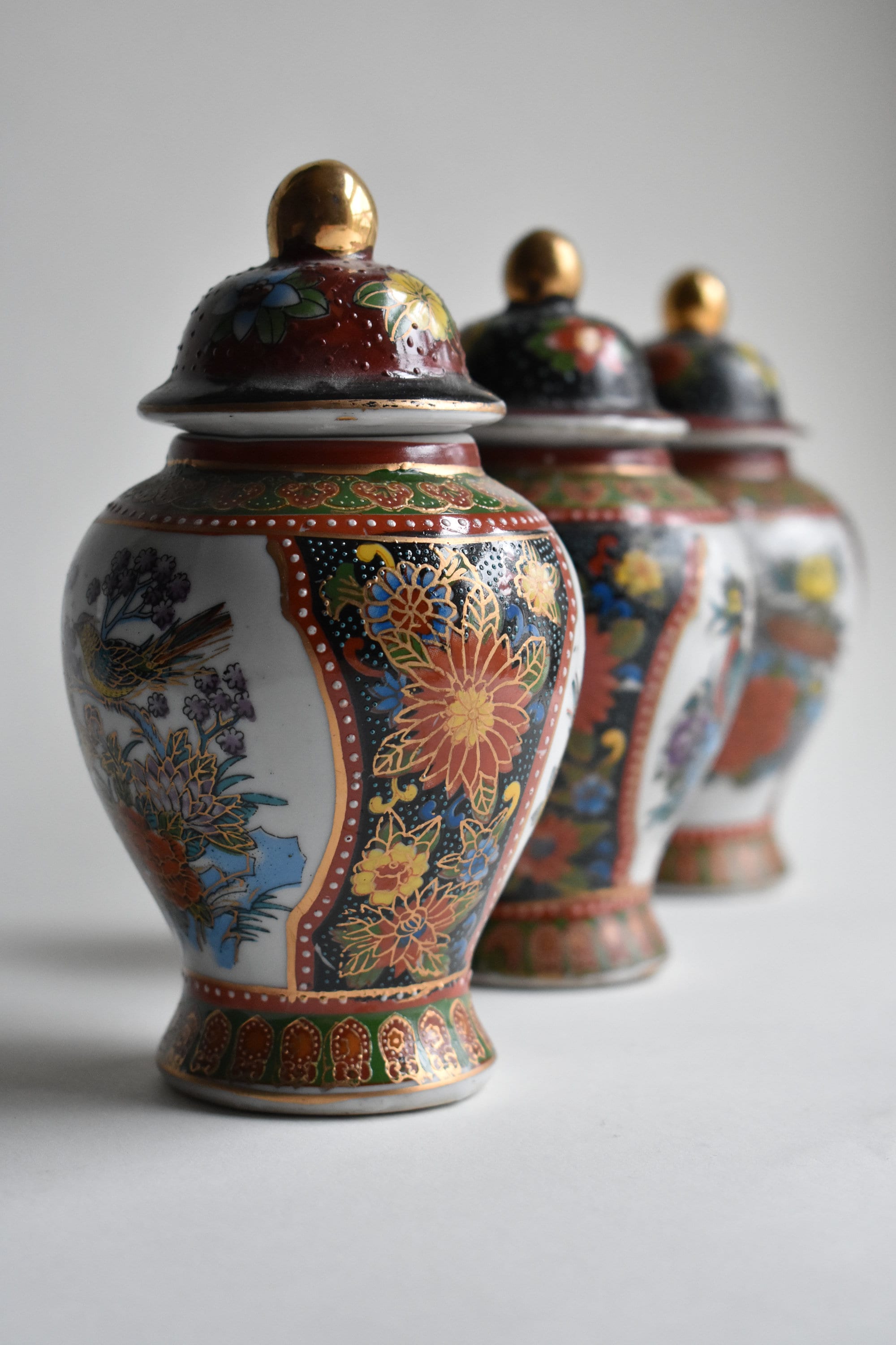 Trio of Ginger Jars Vintage Lidded Ceramic Mantle Art Etsy UK