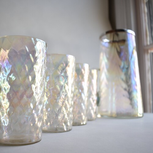 Vintage Iridescent Optic Glass Pitcher & Tumblers | Rainbow Glass Fostoria Style Federal shops Glass Style | Old School Swanky Glass Barware Gift