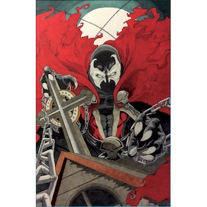 May include: A comic book illustration of a superhero character with a red cape and a skull on his chest. He is holding a large cross with chains attached to it. The background is a dark, stormy sky with a full moon.