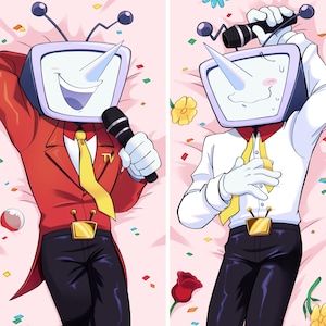 May include: Two body pillow covers featuring a cartoon character with a TV head, a white horn, and a microphone. One wears a red suit, the other a white shirt. Both have yellow ties, black pants, and yellow shoes. The background is pink with confetti and flowers.