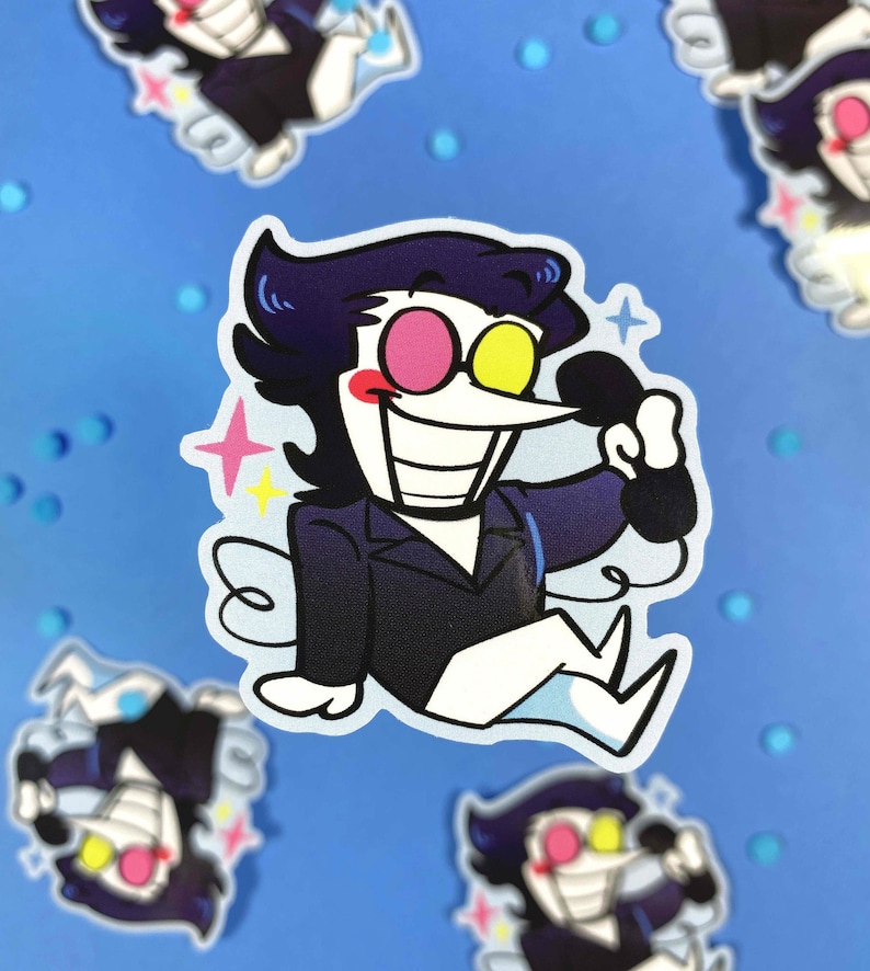 May include: A cartoon character with black hair, a white face, and a long, thin nose is wearing a black suit and a white shirt. The character has pink and yellow eyes and is holding a black phone to their ear. The character is smiling and has a sparkle above their head. The background is blue with white dots.